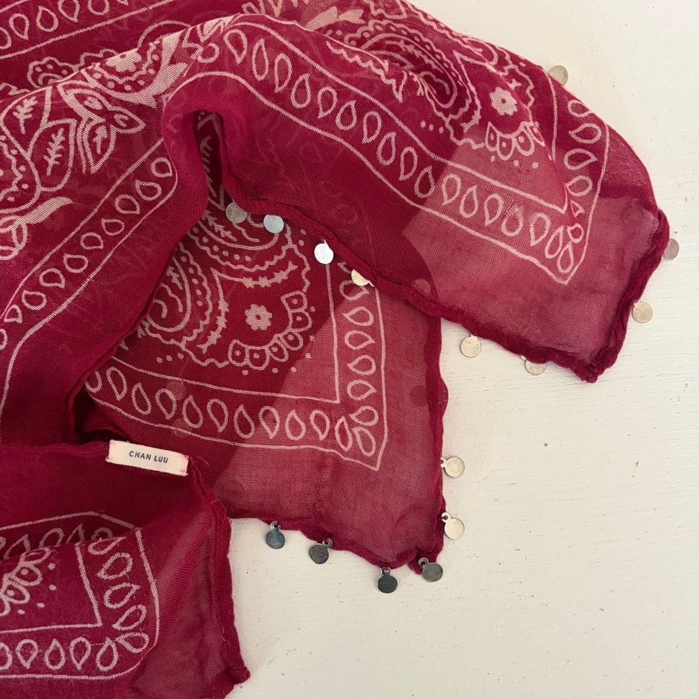 Chan Luu  Burgundy Bandana Print Scarf with Tiny Silver Coin-like Trim